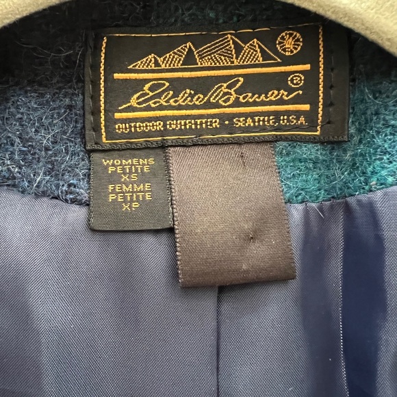 Vintage 90s Eddie Bauer wool plaid check lined blazer coat jacket blue green - Picture 7 of 8